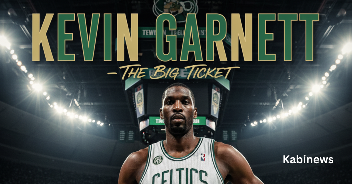 Kevin Garnett Biography: Career, Stats, Achievements & Legacy 1 Kevin Garnett wearing a Boston Celtics jersey number 5, standing confidently in an NBA arena under bright lights, symbolizing his legendary basketball career.