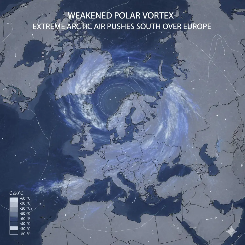 Scientific visualization of a weakened polar vortex over Europe, swirling cold Arctic air pushing south, weather map style, climate graphic