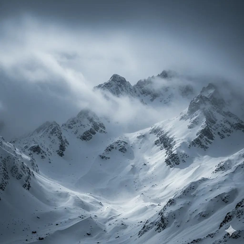 Alps mountains during heavy blizzard, massive snowfall