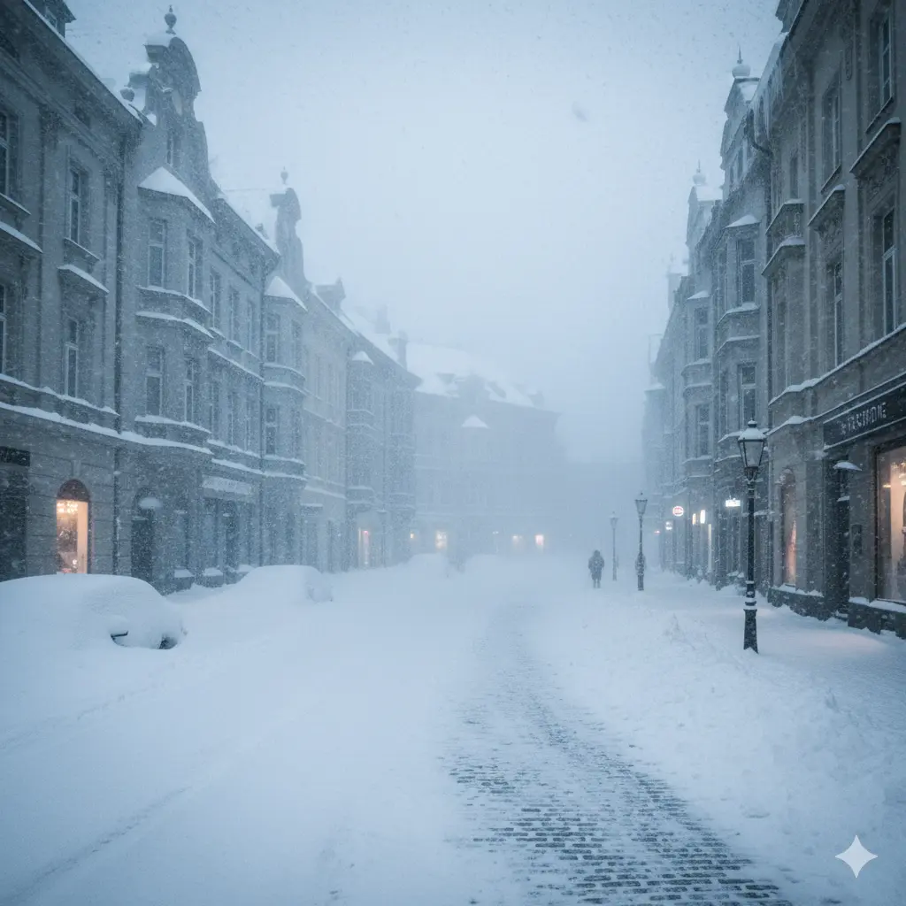 A European city completely covered in heavy snow, frozen streets, low visibility, extreme cold atmosphere, Jahrhundertwinter conditions