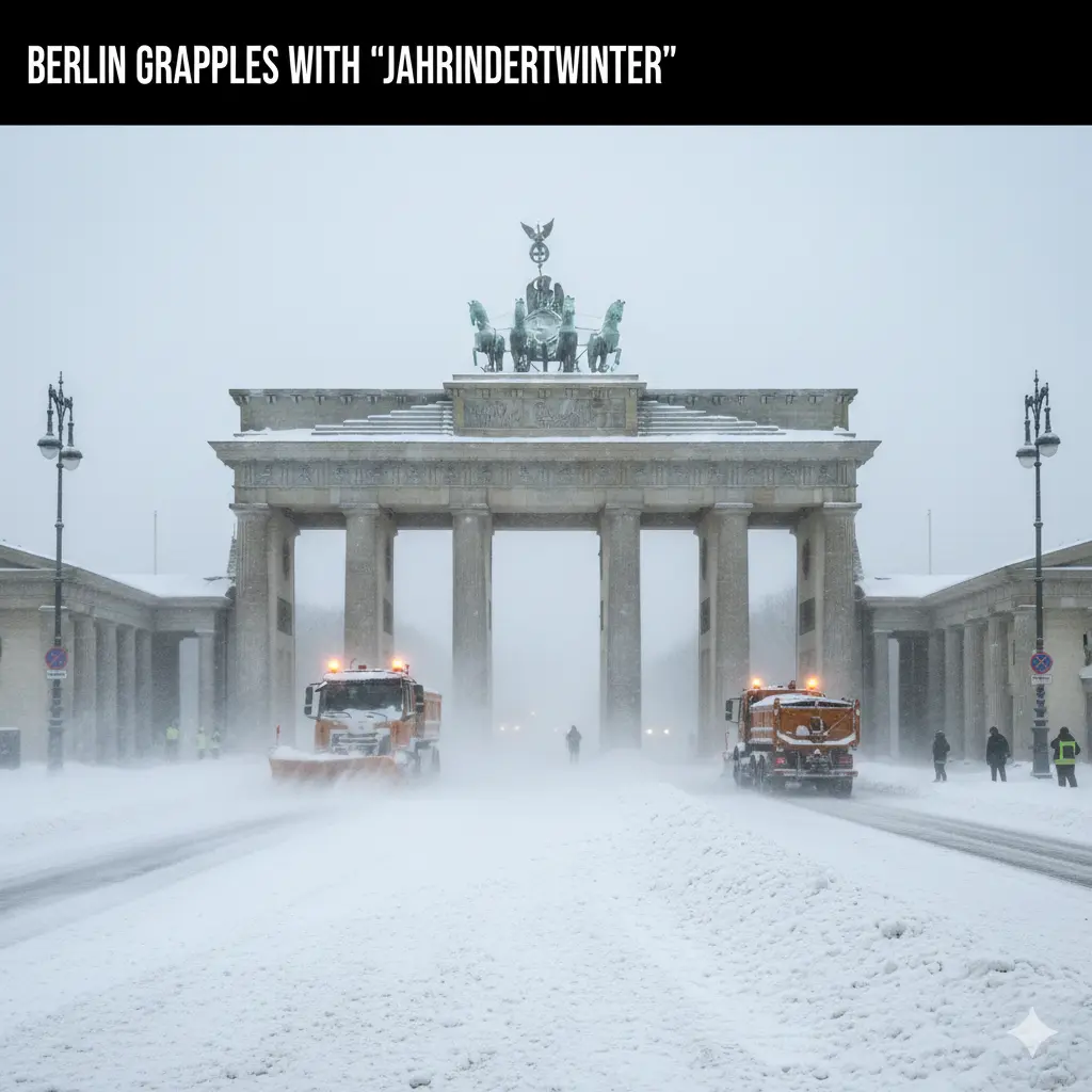 Berlin Brandenburg Gate during extreme snowfall, icy winds, thick snow on roads, emergency winter conditions, news photography