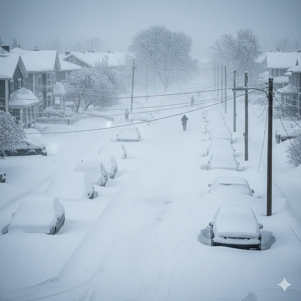 Cars completely buried under snow, blocked roads, frozen neighborhood, Jahrhundertwinter impact, dramatic winter scene,