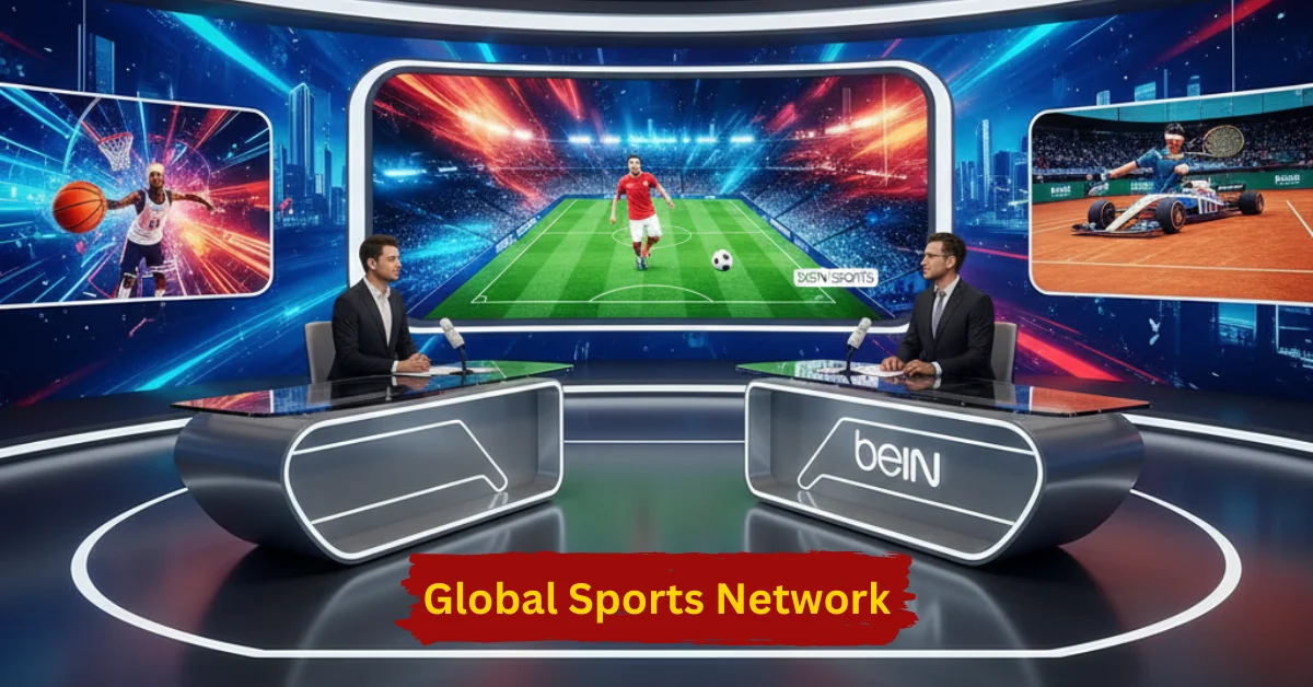 BeIN Sports studio showing global sports coverage including football, basketball, tennis, and motorsport highlights.
