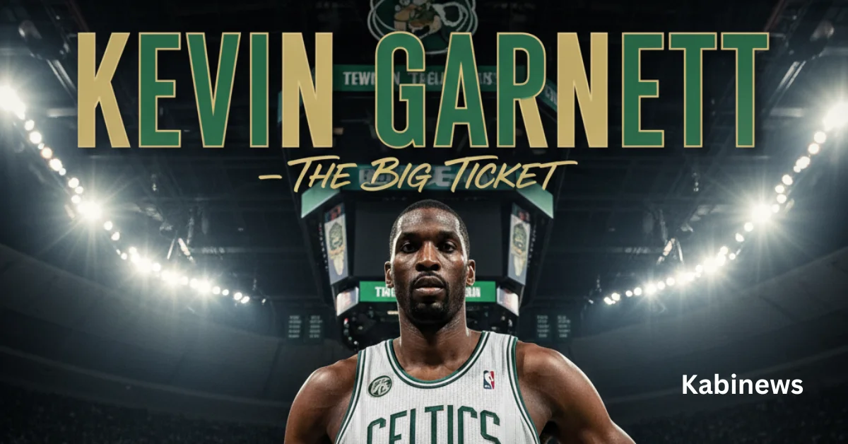 Kevin Garnett wearing a Boston Celtics jersey number 5, standing confidently in an NBA arena under bright lights, symbolizing his legendary basketball career.